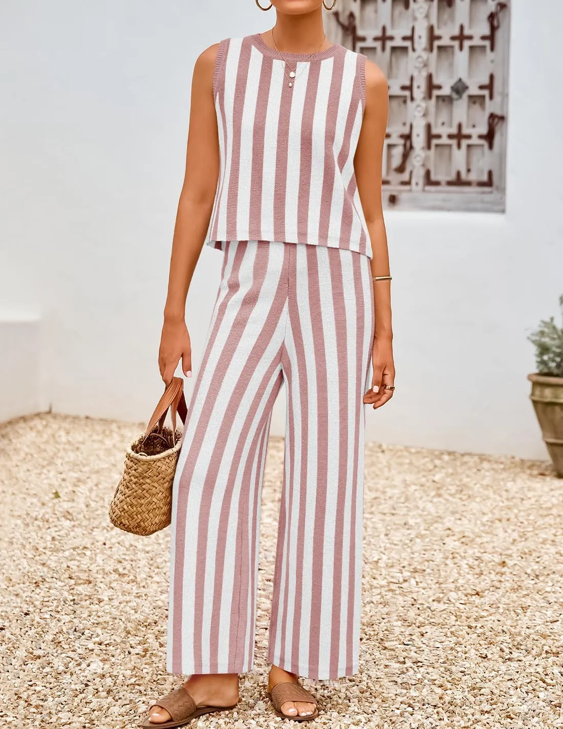 ZESICA Women's Summer Two Piece Outfits Crop Tank Tops and Wide Leg Pants Striped Lounge Travel Sets Casual Tracksuits