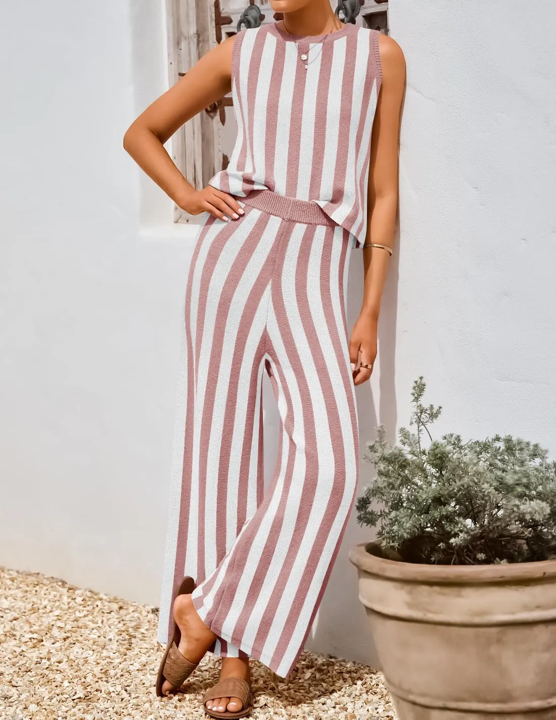 ZESICA Women's Summer Two Piece Outfits Crop Tank Tops and Wide Leg Pants Striped Lounge Travel Sets Casual Tracksuits