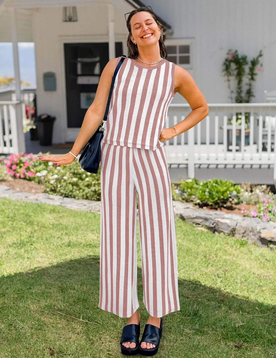 ZESICA Women's Summer Two Piece Outfits Crop Tank Tops and Wide Leg Pants Striped Lounge Travel Sets Casual Tracksuits