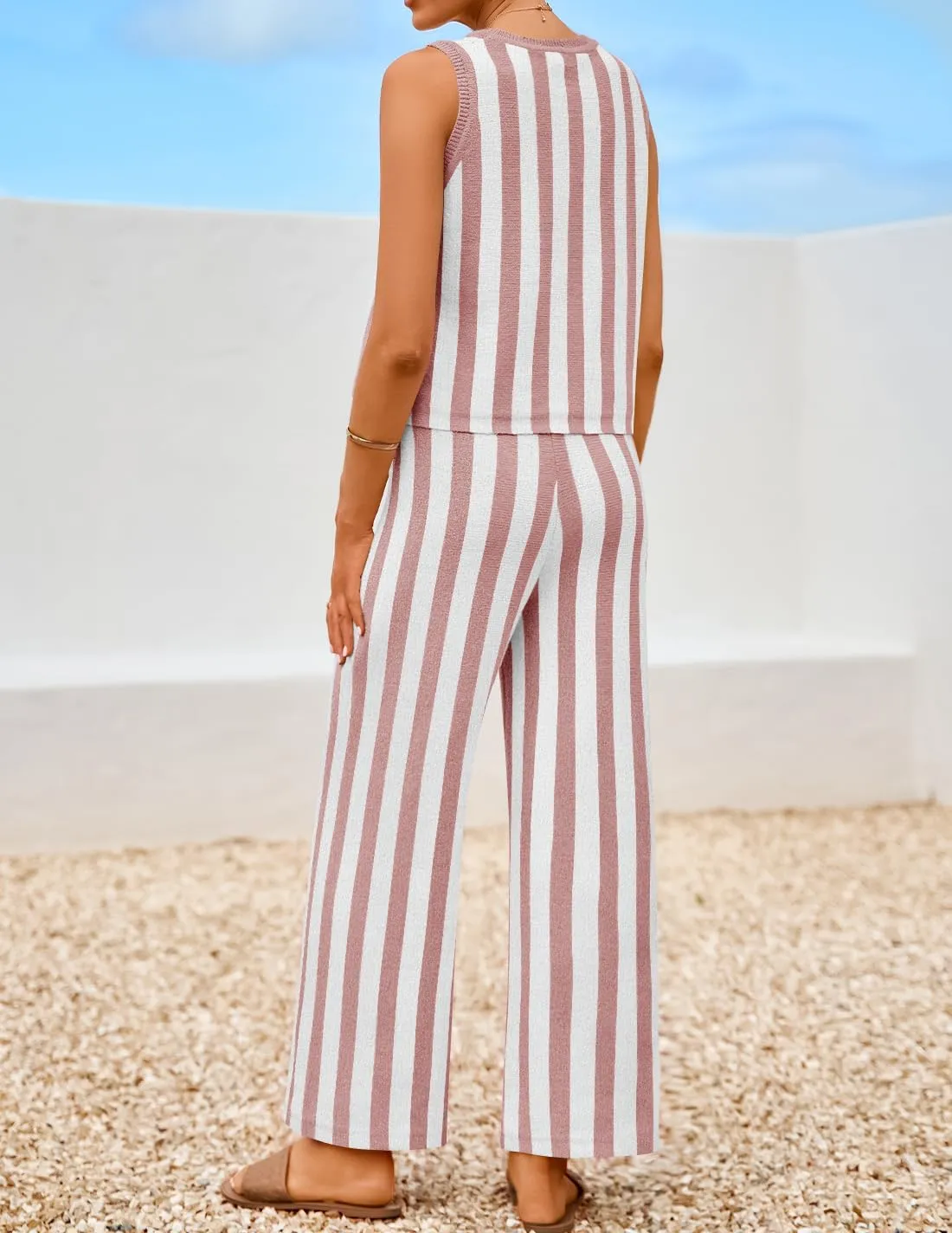 ZESICA Women's Summer Two Piece Outfits Crop Tank Tops and Wide Leg Pants Striped Lounge Travel Sets Casual Tracksuits